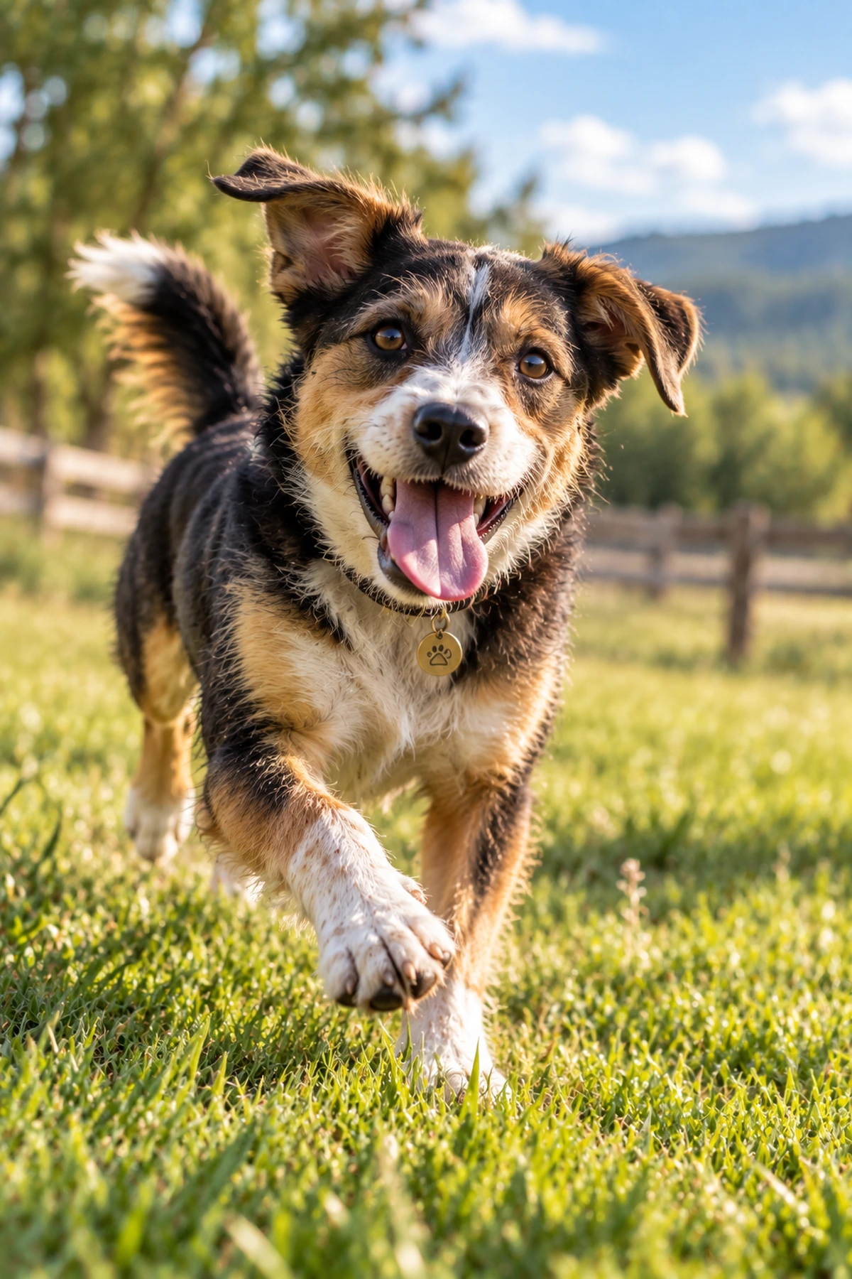 Working dog running across a ranch field