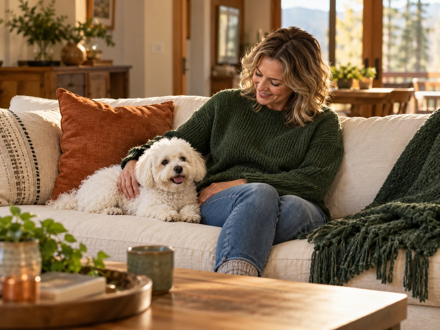A person smiling at a small fluffy white dog resting beside them on a cream sofa.