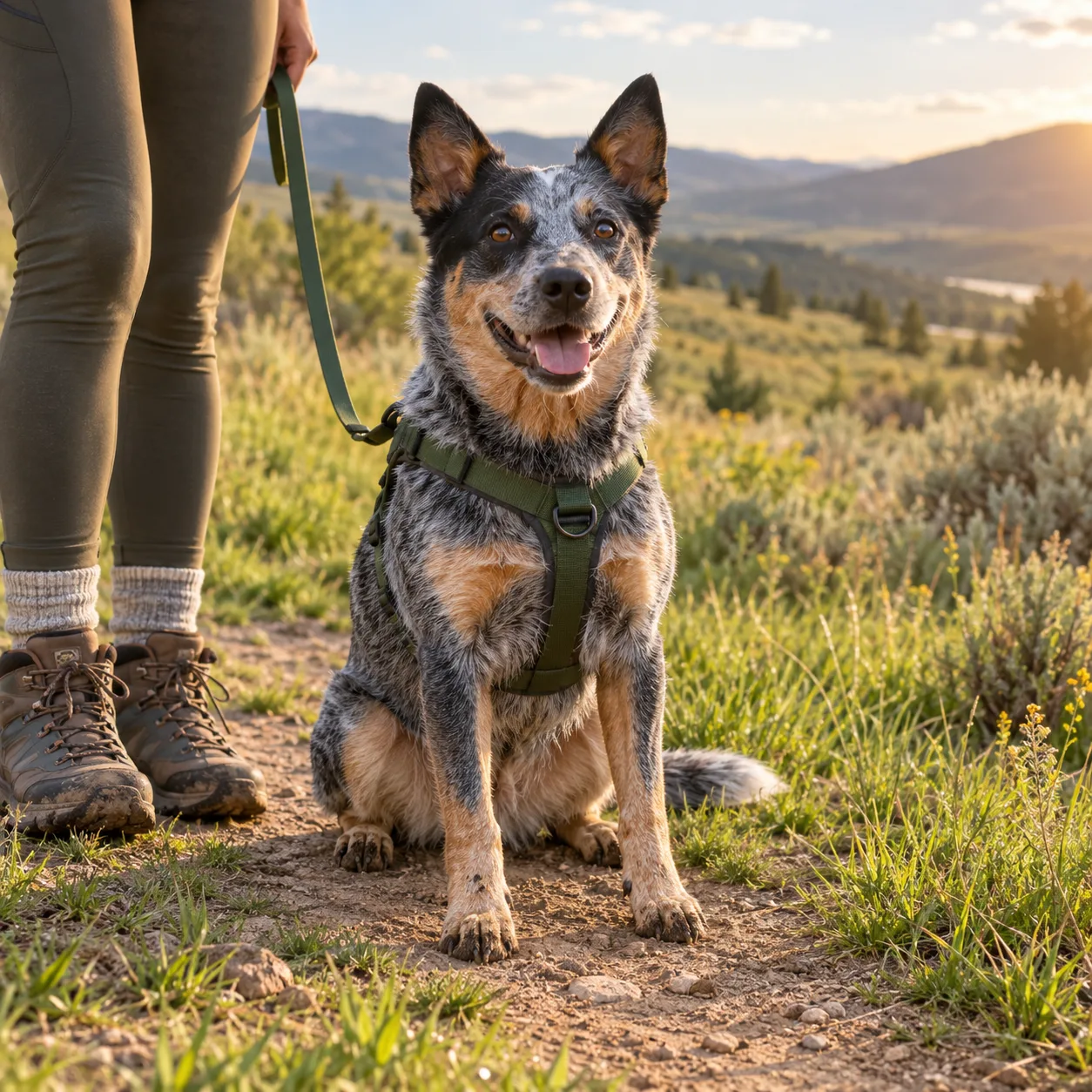 A smiling blue heeler with muddy paws sitting beside its owner’s hiking shoes on a grassy trail.