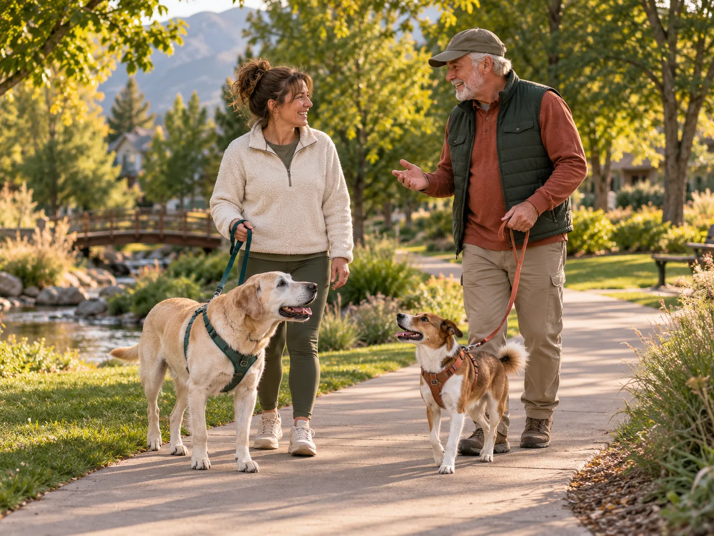 Two neighbors chatting on a tree-lined path with a senior yellow Labrador and a small mixed-breed dog.
