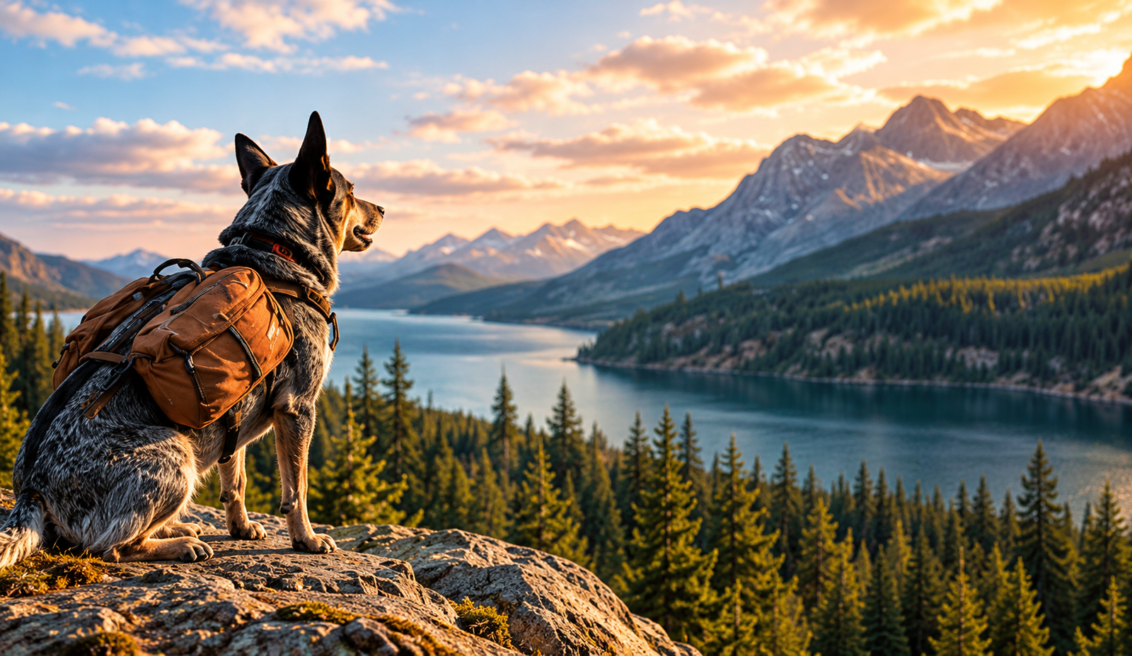 Dog hiking on a mountain trail overlook