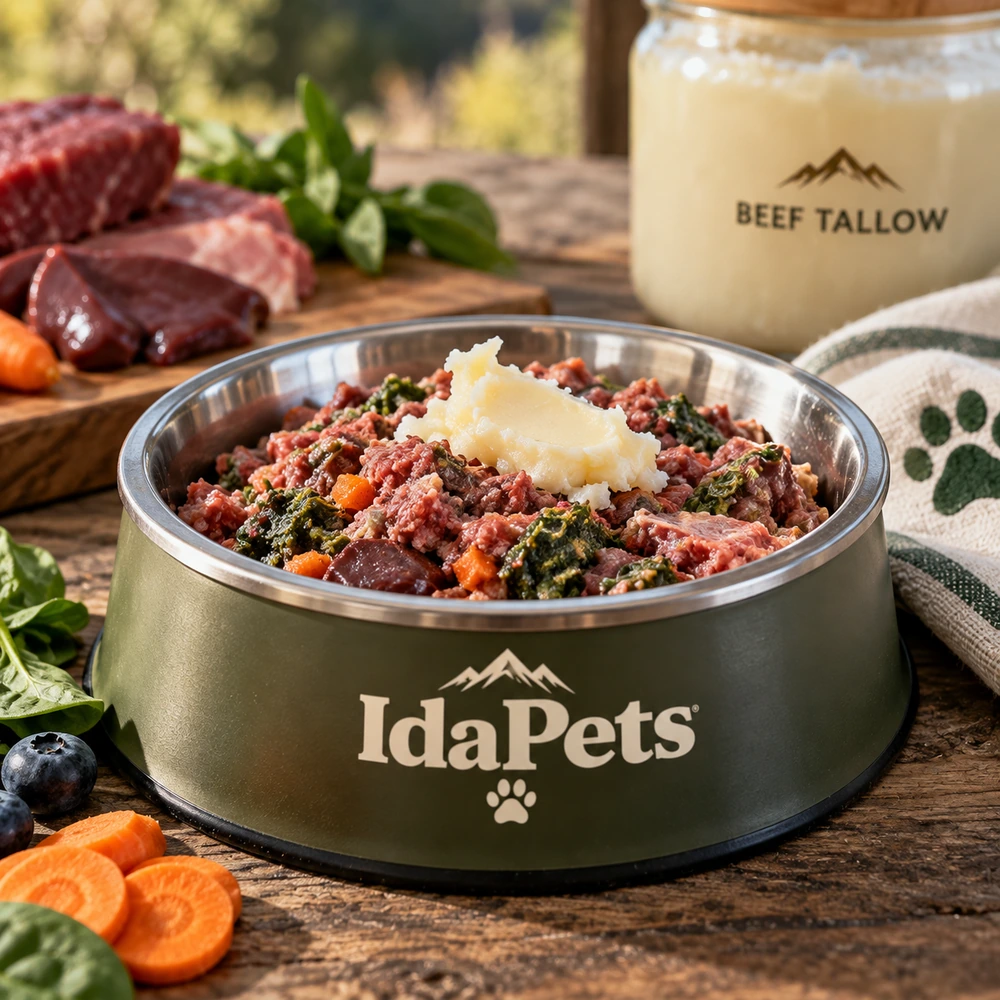 Raw dog food bowl with Tallow Gold finishing oil bottle